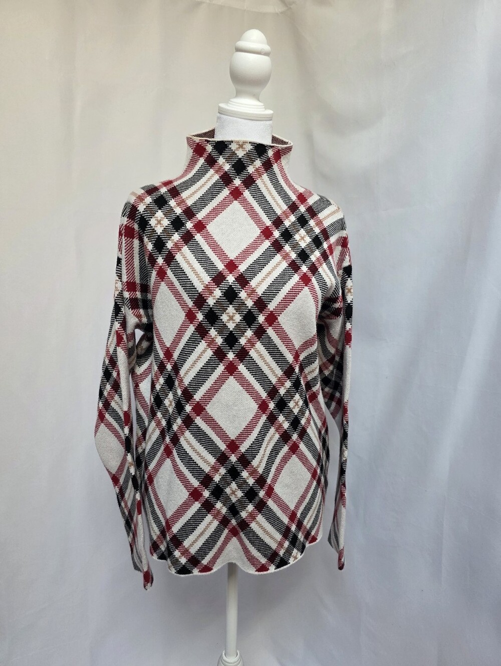 Tahari Plaid Mock Neck Sweater Red Black Cream Preppy Medium